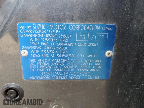 2007 Suzuki Grand Vitara с VIN JS3TD941374205230, выставлен на аукционе Copart как лот 68392194 с пробегом 129 455 миль миль и Списание • Salvage title. История ставок и продаж доступна на DreamBid. Изображение 15.