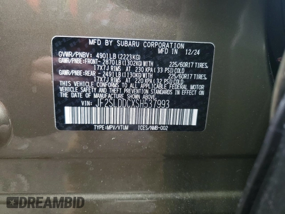 2025 Subaru Forester Premium with VIN JF2SLDDCXSH537993, listed as a Copart auction lot 59089995 with Not provided miles and Salvage title. Bid and sale history available at DreamBid. Image 13.