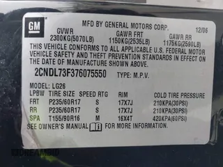 2007 Chevrolet Equinox LT with VIN 2CNDL73F376075550, listed as a IAAI auction lot 41791216 with 182,408 mi miles. Bid and sale history available at carsss.com. Image 9.