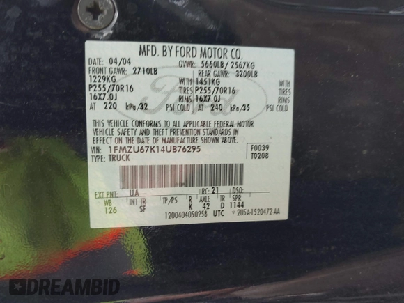 2004 Ford Explorer Sport Trac XLS с VIN 1FMZU67K14UB76295, выставлен на аукционе IAAI как лот 42387004 с пробегом Не указан миль и . История ставок и продаж доступна на DreamBid. Изображение 9.