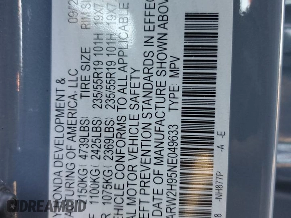 2022 Honda CR-V Touring with VIN 7FARW2H95NE049633, listed as a Copart auction lot 86346984 with 29,632 mi miles and Salvage Title. Bid and sale history available at carsss.com. Image 13.