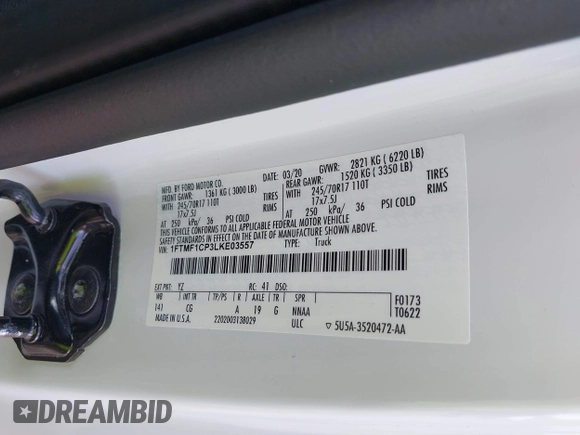 2020 Ford F-150 XL with VIN 1FTMF1CP3LKE03557, listed as a IAAI auction lot 42017506 with 22,442 mi miles and . Bid and sale history available at DreamBid. Image 9.