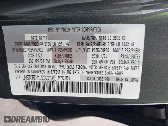 2018 Mazda CX-9 Grand Touring with VIN JM3TCBDY1J0200183, listed as a IAAI auction lot 42408132 with 69,023 mi miles and . Bid and sale history available at DreamBid. Image 9.