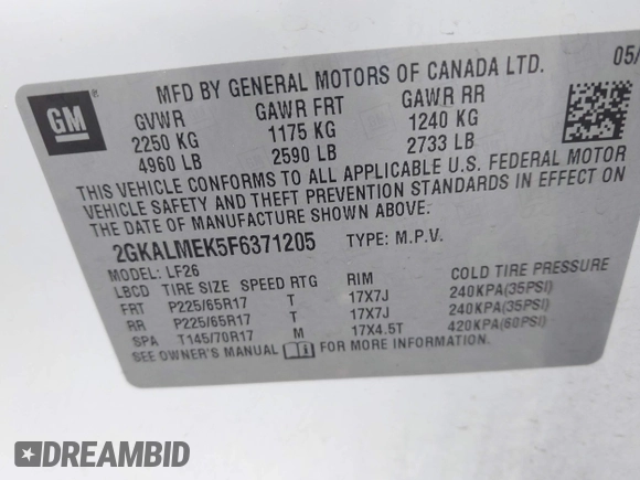 2015 GMC Terrain SLE with VIN 2GKALMEK5F6371205, listed as a IAAI auction lot 42331906 with 101,439 mi miles and . Bid and sale history available at DreamBid. Image 9.