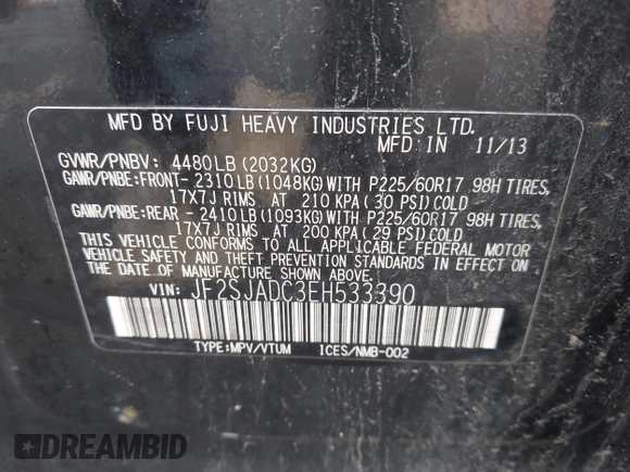 2014 Subaru Forester Premium with VIN JF2SJADC3EH533390, listed as a IAAI auction lot 42525354 with 205,358 mi miles and . Bid and sale history available at DreamBid. Image 9.