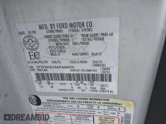 2010 Ford F-150 XL z VIN 1FTFW1EV3AFA00575, wystawiony jako IAAI lot #42107788 z przebiegiem 154 621 mil mil oraz . Historia ofert i sprzedaży dostępna na DreamBid. Obrazek 9.