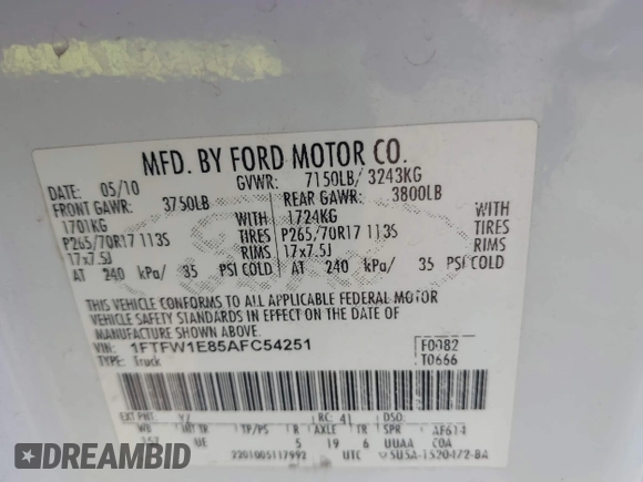2010 Ford F-150 XL с VIN 1FTFW1E85AFC54251, выставлен на аукционе IAAI как лот 42142552 с пробегом 232 175 миль миль и . История ставок и продаж доступна на DreamBid. Изображение 9.