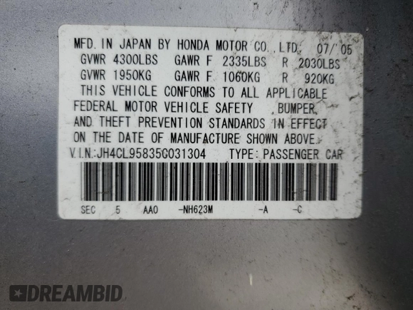 2005 Acura TSX with VIN JH4CL95835C031304, listed as a Copart auction lot 50831355 with 236,203 mi miles and Salvage title. Bid and sale history available at DreamBid. Image 14.