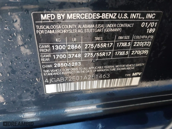 2001 Mercedes-Benz M-Class with VIN 4JGAB72E01A251463, listed as a IAAI auction lot 41392480 with 1 mi miles. Bid and sale history available at carsss.com. Image 9.