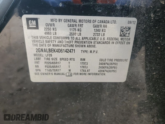 2013 Chevrolet Equinox LS with VIN 2GNALBEK4D6142471, listed as a Copart auction lot 53695325 with 129,233 mi miles and Clean Title. Bid and sale history available at carsss.com. Image 14.