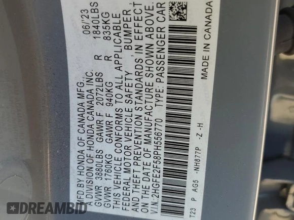 2023 Honda Civic Sport с VIN 2HGFE2F58PH556770, выставлен на аукционе Copart как лот 80570964 с пробегом 17 925 миль миль и Списание • Salvage title. История ставок и продаж доступна на DreamBid. Изображение 15.