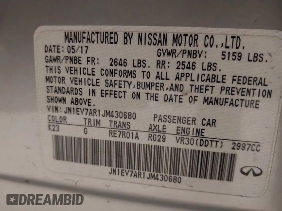 2018 Infiniti Q50 3.0t Luxe with VIN JN1EV7AR1JM430680, listed as a IAAI auction lot 41899270 with Not Provided miles. Bid and sale history available at carsss.com. Image 9.