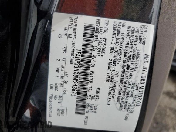 2008 Ford Focus SE with VIN 1FAHP33NX8W243675, listed as a Copart auction lot 53941115 with 0 mi miles and Salvage Title. Bid and sale history available at carsss.com. Image 12.