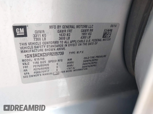 2015 Chevrolet Tahoe LTZ with VIN 1GNSKCKC5FR205739, listed as a IAAI auction lot 40020644 with 142,524 mi miles and . Bid and sale history available at DreamBid. Image 9.