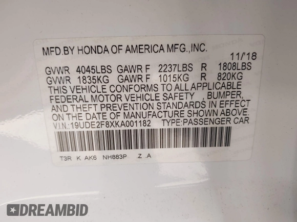 2019 Acura ILX Premium with VIN 19UDE2F8XKA001182, listed as a IAAI auction lot 41506995 with 72,877 mi miles and . Bid and sale history available at DreamBid. Image 9.
