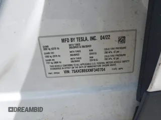 2022 Tesla Model X Plaid z VIN 7SAXCBE6XNF340704, wystawiony jako IAAI lot #41928524 z przebiegiem Nie podano mil oraz . Historia ofert i sprzedaży dostępna na DreamBid. Obrazek 9.