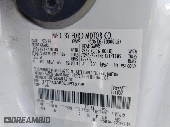 2014 Ford F-250 XL with VIN 1FT7X2A60EEB78798, listed as a IAAI auction lot 42011656 with 126,087 mi miles and . Bid and sale history available at DreamBid. Image 9.