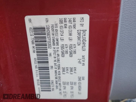2007 Dodge Durango Limited with VIN 1D8HD58237F553552, listed as a Copart auction lot 74030204 with Not provided miles and Salvage title. Bid and sale history available at DreamBid. Image 14.