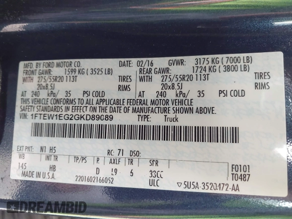 2016 Ford F-150 XLT with VIN 1FTEW1EG2GKD89089, listed as a IAAI auction lot 42210497 with 110,912 mi miles and . Bid and sale history available at DreamBid. Image 9.