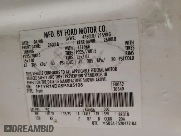 2008 Ford Ranger XL с VIN 1FTYR14DX8PA85198, выставлен на аукционе Copart как лот 63417985 с пробегом 364 966 миль миль и Чистый • Clean title. История ставок и продаж доступна на DreamBid. Изображение 12.