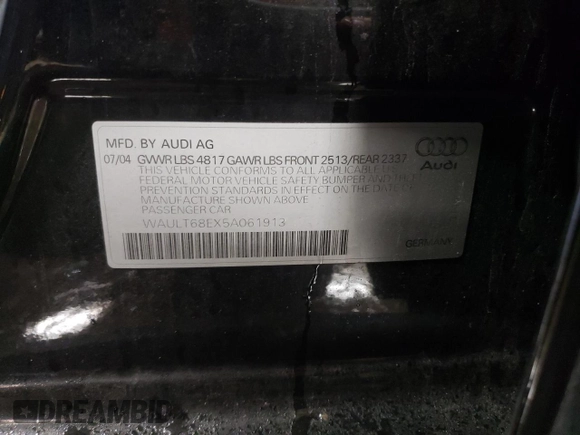 2005 Audi A4 3.0L with VIN WAULT68EX5A061913, listed as a Copart auction lot 85718544 with 113,629 mi miles and Salvage title. Bid and sale history available at DreamBid. Image 12.