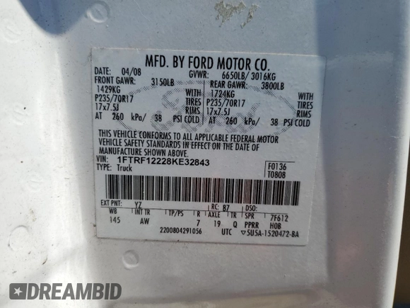 2008 Ford F-150 XL with VIN 1FTRF12228KE32843, listed as a Copart auction lot 50548745 with 172,016 mi miles and Clean title. Bid and sale history available at DreamBid. Image 12.