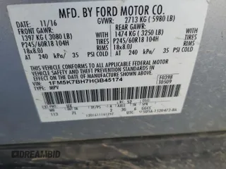 2017 Ford Explorer with VIN 1FM5K7BH7HGB45174, listed as a Copart auction lot 55102715 with 175,055 mi miles and Salvage title. Bid and sale history available at DreamBid. Image 12.