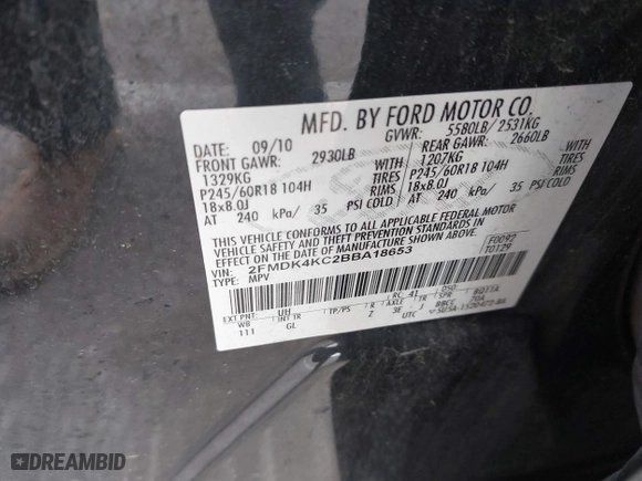 2011 Ford Edge Limited with VIN 2FMDK4KC2BBA18653, listed as a IAAI auction lot 41935641 with 181,381 mi miles. Bid and sale history available at carsss.com. Image 9.