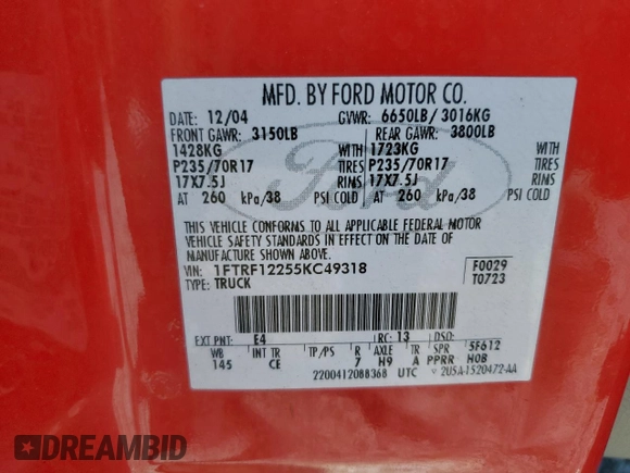 2005 Ford F-150 XL with VIN 1FTRF12255KC49318, listed as a Copart auction lot 62520105 with 118,268 mi miles and Clean title. Bid and sale history available at DreamBid. Image 12.