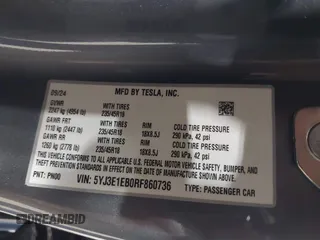2024 Tesla Model 3 Long Range with VIN 5YJ3E1EB0RF860736, listed as a IAAI auction lot 41966827 with 5,134 mi miles and . Bid and sale history available at DreamBid. Image 9.