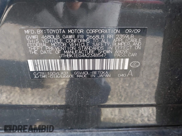 2010 Lexus ES with VIN JTHBK1EG4A2348547, listed as a IAAI auction lot 41973222 with 213,219 mi miles. Bid and sale history available at carsss.com. Image 9.
