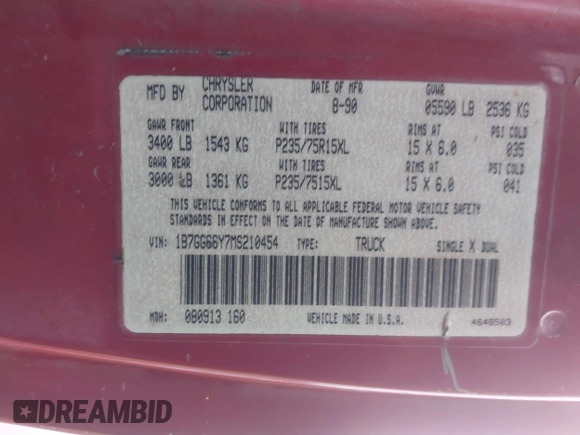 1991 Dodge Dakota z VIN 1B7GG66Y7MS210454, wystawiony jako IAAI lot #41778373 z przebiegiem 151 112 mil mil oraz . Historia ofert i sprzedaży dostępna na DreamBid. Obrazek 9.