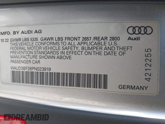 2023 Audi A6 Premium with VIN WAUD3BF26PN023919, listed as a IAAI auction lot 41615718 with 34,938 mi miles and . Bid and sale history available at DreamBid. Image 9.