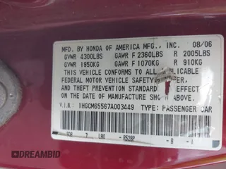 2007 Honda Accord EX-L z VIN 1HGCM65567A003449, wystawiony jako IAAI lot #42296473 z przebiegiem 261 602 mil mil oraz . Historia ofert i sprzedaży dostępna na DreamBid. Obrazek 9.