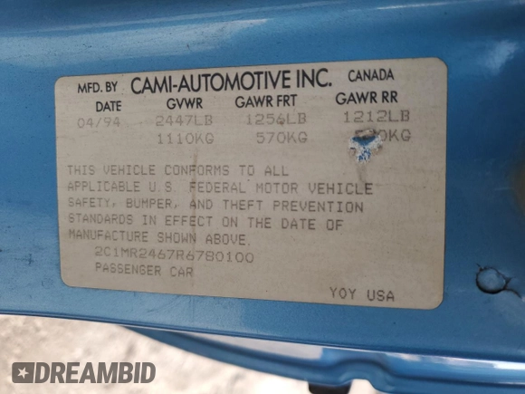 1994 Geo Metro z VIN 2C1MR2467R6780100, wystawiony jako Copart lot #45597135 z przebiegiem 100 000 mil mil oraz Szkoda całkowita • Salvage title. Historia ofert i sprzedaży dostępna na DreamBid. Obrazek 15.