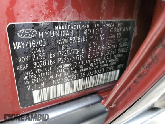 2005 Hyundai Santa Fe GLS with VIN KM8SC73E75U024033, listed as a Copart auction lot 40567464 with 131,936 mi miles and Clean Title. Bid and sale history available at carsss.com. Image 13.