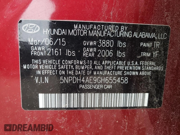 2016 Hyundai Elantra SE with VIN 5NPDH4AE9GH655458, listed as a Copart auction lot 57867065 with 105,358 mi miles and Salvage title. Bid and sale history available at DreamBid. Image 13.