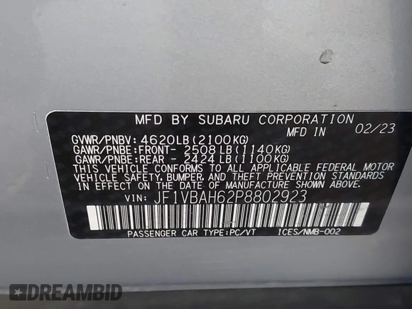 2023 Subaru WRX Premium with VIN JF1VBAH62P8802923, listed as a IAAI auction lot 42482169 with 26,113 mi miles and . Bid and sale history available at DreamBid. Image 9.