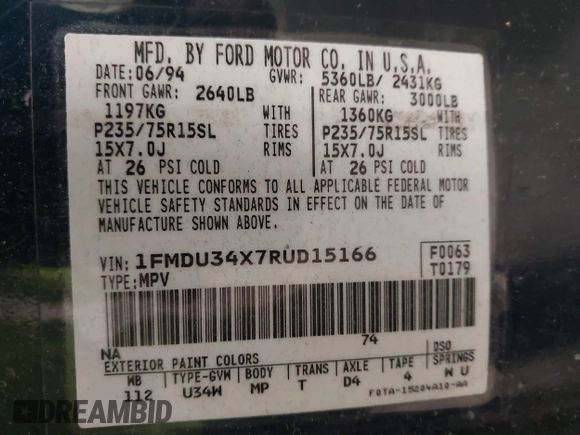 1994 Ford Explorer Eddie Bauer z VIN 1FMDU34X7RUD15166, wystawiony jako IAAI lot #42426543 z przebiegiem 168 233 mil mil oraz . Historia ofert i sprzedaży dostępna na DreamBid. Obrazek 9.