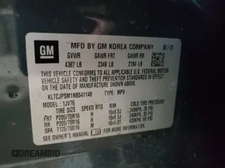 2022 Chevrolet Trax LT with VIN KL7CJPSM1NB541148, listed as a Copart auction lot 54317405 with 20,533 mi miles and Clean Title. Bid and sale history available at carsss.com. Image 13.