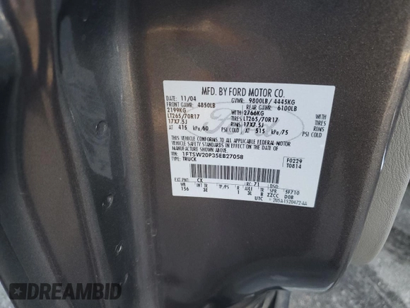 2005 Ford F-250 XL with VIN 1FTSW20P35EB27058, listed as a Copart auction lot 83815774 with 135,734 mi miles and Salvage Title. Bid and sale history available at DreamBid. Image 14.