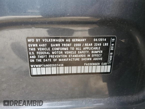 2014 Volkswagen CC Sport with VIN WVWBP7AN0EE537436, listed as a Copart auction lot 49926955 with 152,458 mi miles and Clean Title. Bid and sale history available at carsss.com. Image 13.