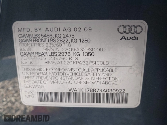 2009 Audi Q5 Premium Plus z VIN WA1KK78R79A030922, wystawiony jako IAAI lot #41451822 z przebiegiem 227 757 mil mil oraz . Historia ofert i sprzedaży dostępna na DreamBid. Obrazek 9.