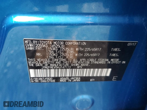2017 Toyota RAV4 LE with VIN JTMZFREV5HJ147113, listed as a Copart auction lot 51758435 with 71,478 mi miles and Salvage Title. Bid and sale history available at DreamBid. Image 13.