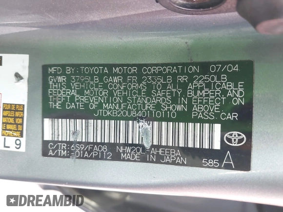 2004 Toyota Prius with VIN JTDKB20U840110110, listed as a IAAI auction lot 42101277 with 1 mi miles. Bid and sale history available at carsss.com. Image 9.