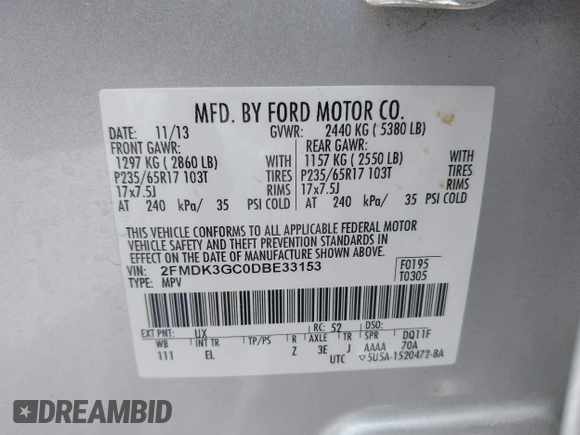 2013 Ford Edge SE with VIN 2FMDK3GC0DBE33153, listed as a IAAI auction lot 42366900 with 130,894 mi miles and . Bid and sale history available at DreamBid. Image 9.