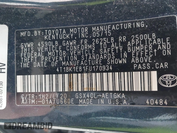 2015 Toyota Avalon Limited with VIN 4T1BK1EB1FU170934, listed as a IAAI auction lot 41618031 with 124,854 mi miles and . Bid and sale history available at DreamBid. Image 9.