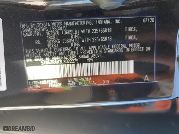 2020 Toyota Highlander XLE with VIN 5TDGZRAH3LS022279, listed as a Copart auction lot 48908075 with 69,355 mi miles and Salvage Title. Bid and sale history available at carsss.com. Image 16.