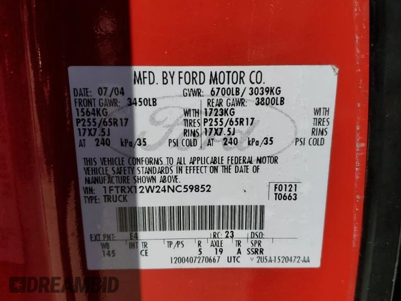 2004 Ford F-150 STX with VIN 1FTRX12W24NC59852, listed as a Copart auction lot 51865715 with Not Provided miles and Salvage Title. Bid and sale history available at carsss.com. Image 13.