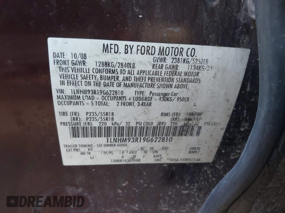 2009 Lincoln MKS with VIN 1LNHM93R19G622810, listed as a IAAI auction lot 42159223 with 212,362 mi miles and . Bid and sale history available at DreamBid. Image 9.